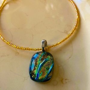 Dichroic Glass Pendant Necklace with Gold Miyuki Seed Beads